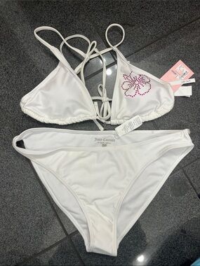 Juicy Couture White Triangle Bikini with Pink Rhinestone Logo